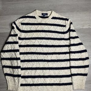 Crown & Ivy Men's Small Striped Cable Knit Crewneck Sweater Navy Cream Speckle
